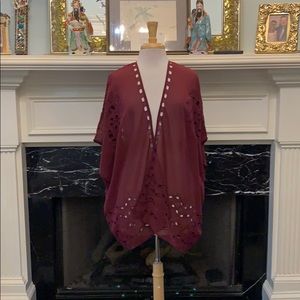 Feminine burgundy sheer cutout kimono